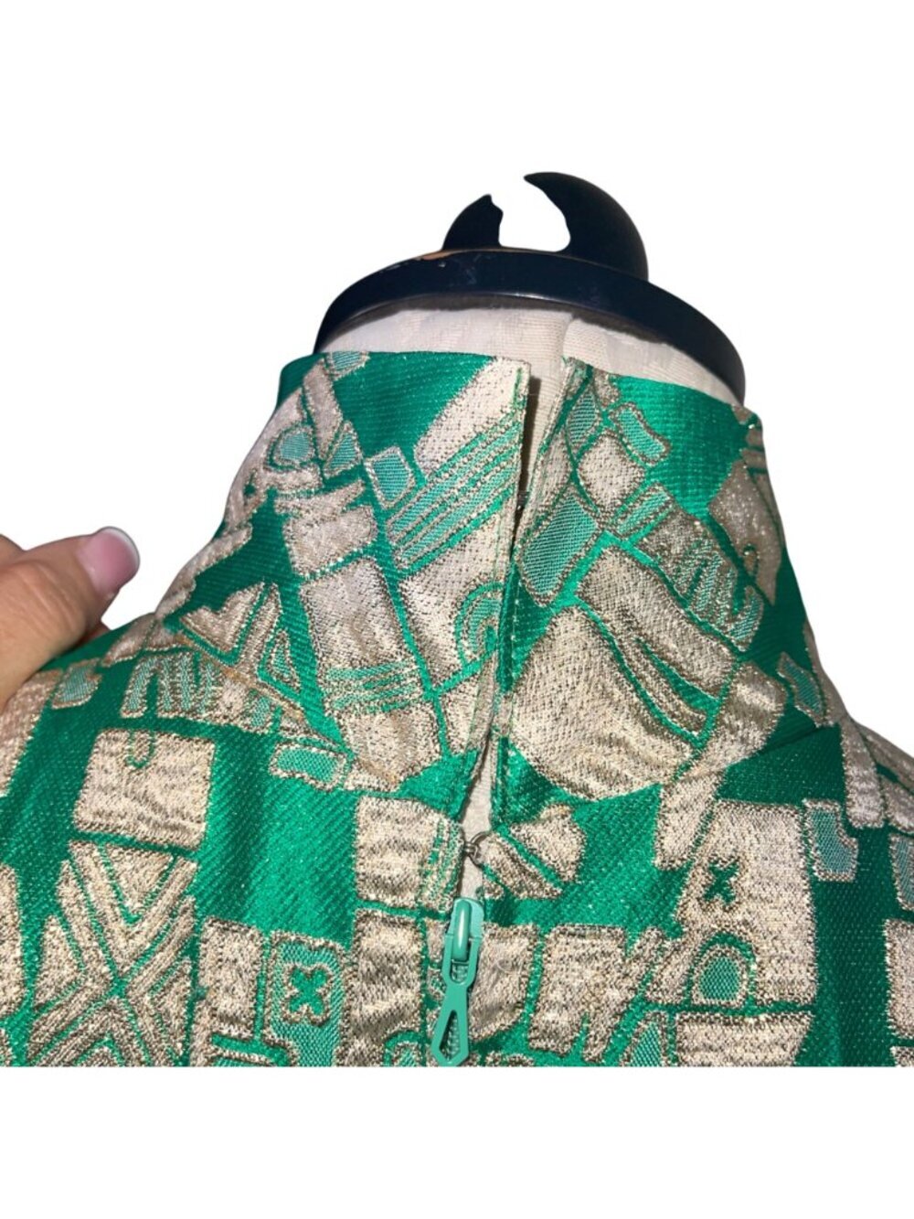 Vintage Womens Pleated Maxi Dress Size Small Green Gold Geometric Print Casual - Picture 6 of 16
